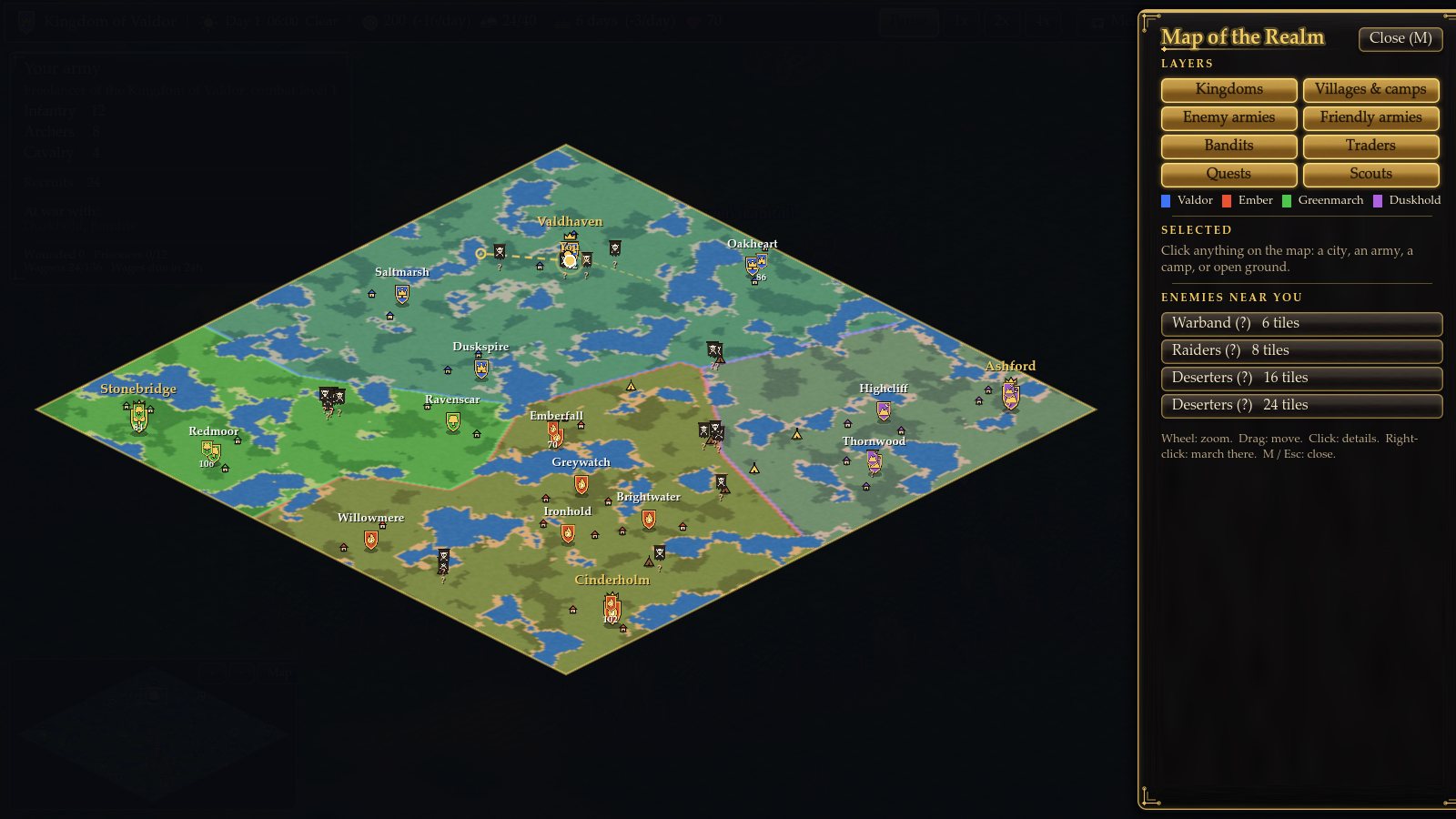 The map of the realm, shaded by kingdom